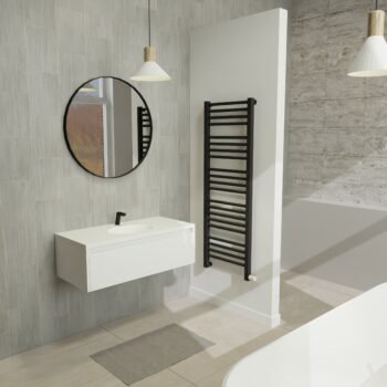 Maatwerk design badkamermeubel, gemaakt van Wit melamine of gespoten mdf met een blad van solid surface en 1 waskom van Solid Surface. Het front te openen d.m.v. Greeplijst boven