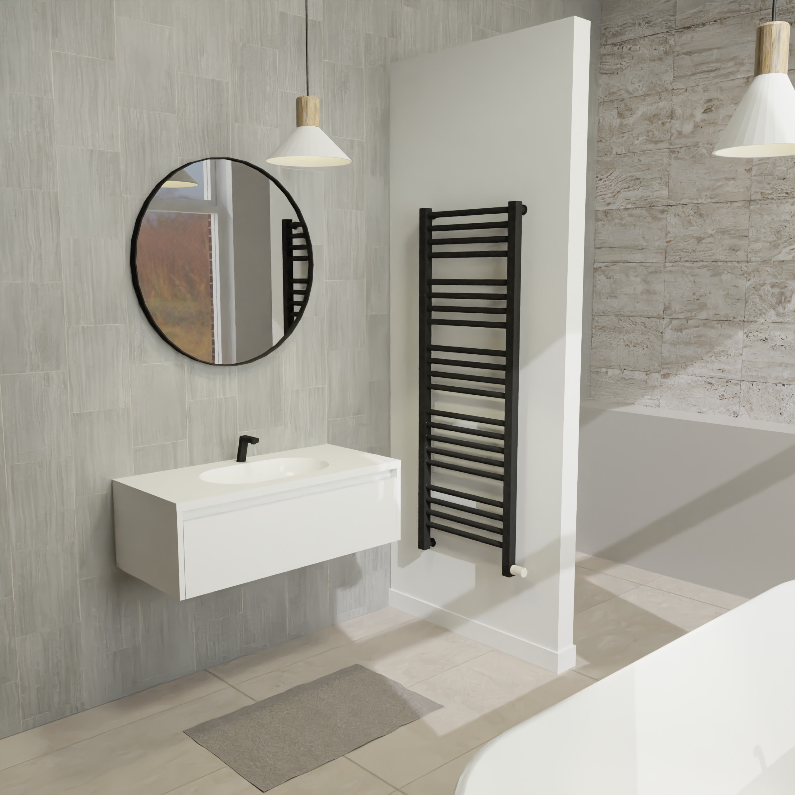 Maatwerk design wastafelkast, gemaakt van Wit melamine of gespoten mdf met een blad van solid surface en 1 waskom van Solid Surface. Het front te openen d.m.v. Greeplijst boven