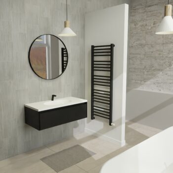 Maatwerk design wastafel onderkast, gemaakt van Zwart melamine of gespoten mdf met een blad van solid surface en 1 waskom van Solid Surface. Het front te openen d.m.v. Greeplijst boven