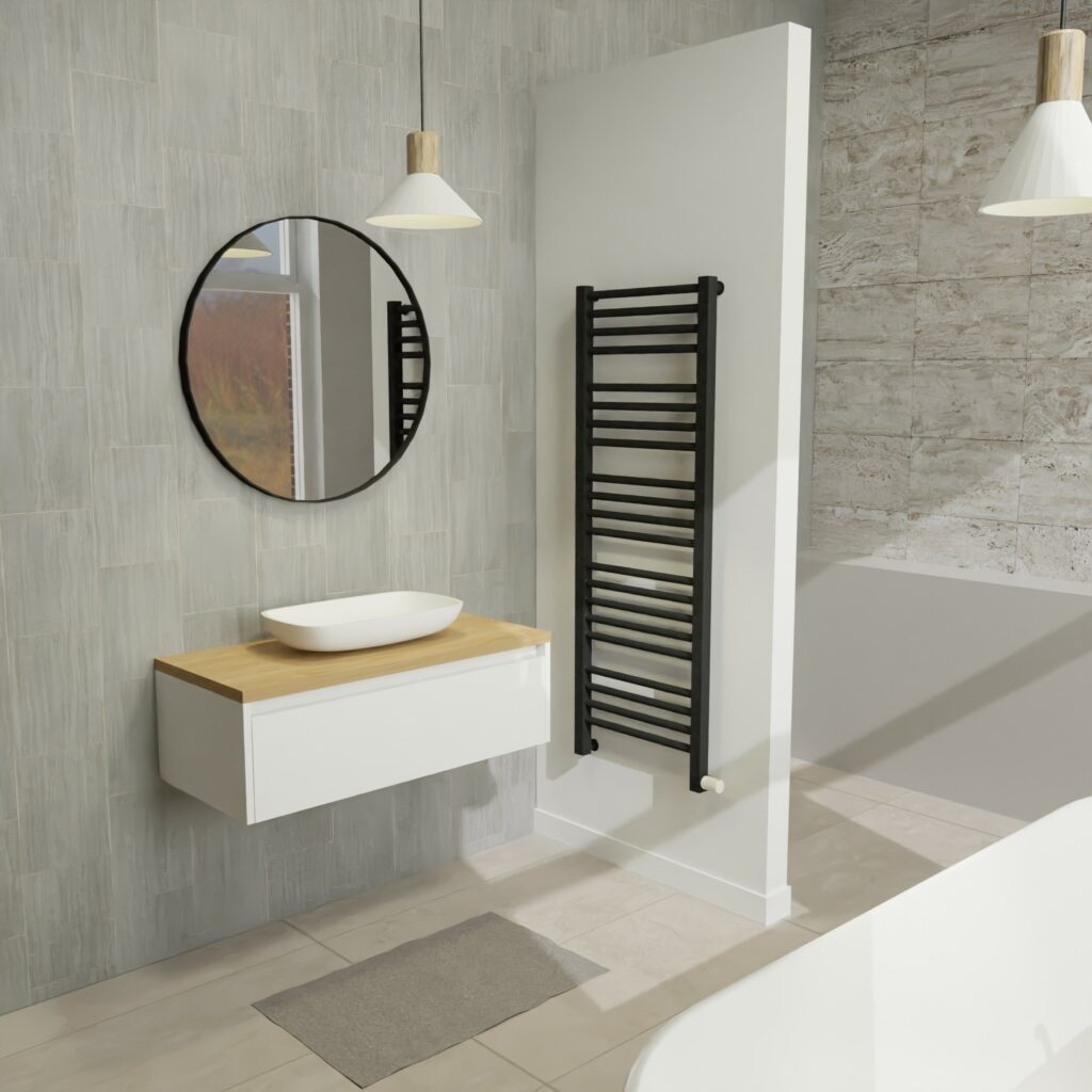 Maatwerk design badmeubel, gemaakt van Wit melamine of gespoten mdf met een blad van eiken en 1 waskom van Solid Surface. Het front te openen d.m.v. Greeplijst boven