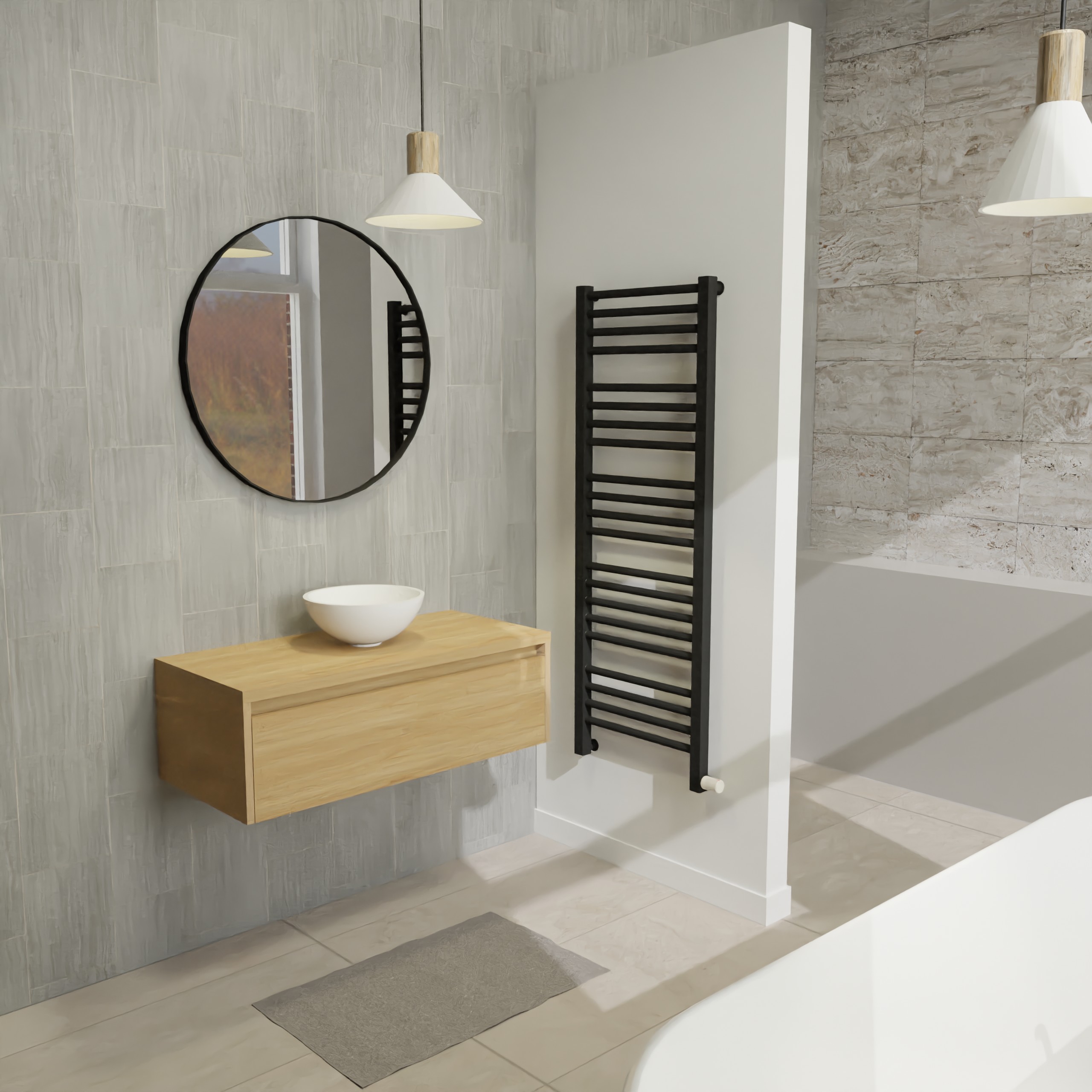 Maatwerk design wastafelkast, gemaakt van eiken hout fineer of eiken hout massief met een blad van eiken en 1 waskom van Solid Surface. Het front te openen d.m.v. Greeplijst boven