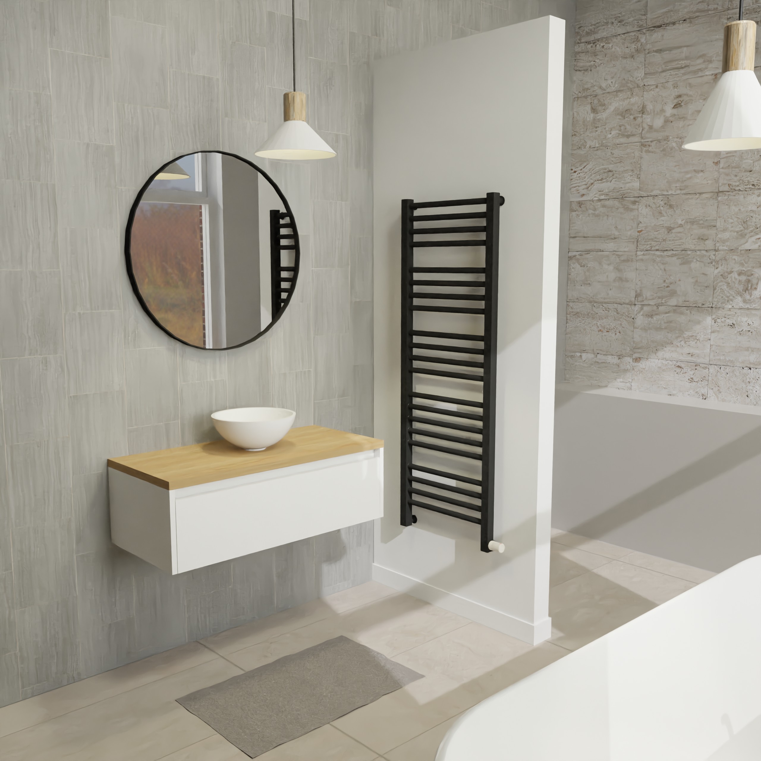 Maatwerk design badkamermeubel, gemaakt van Wit melamine of gespoten mdf met een blad van eiken en 1 waskom van Solid Surface. Het front te openen d.m.v. Greeplijst boven
