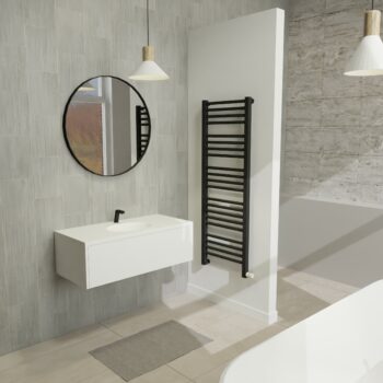 Maatwerk design wastafel onderkast, gemaakt van Wit melamine of gespoten mdf met een blad van solid surface en 1 waskom van Solid Surface. Het front te openen d.m.v. Push to Open