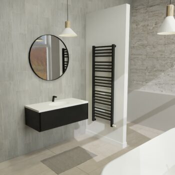 Maatwerk design badmeubel, gemaakt van Zwart melamine of gespoten mdf met een blad van solid surface en 1 waskom van Solid Surface. Het front te openen d.m.v. Push to Open