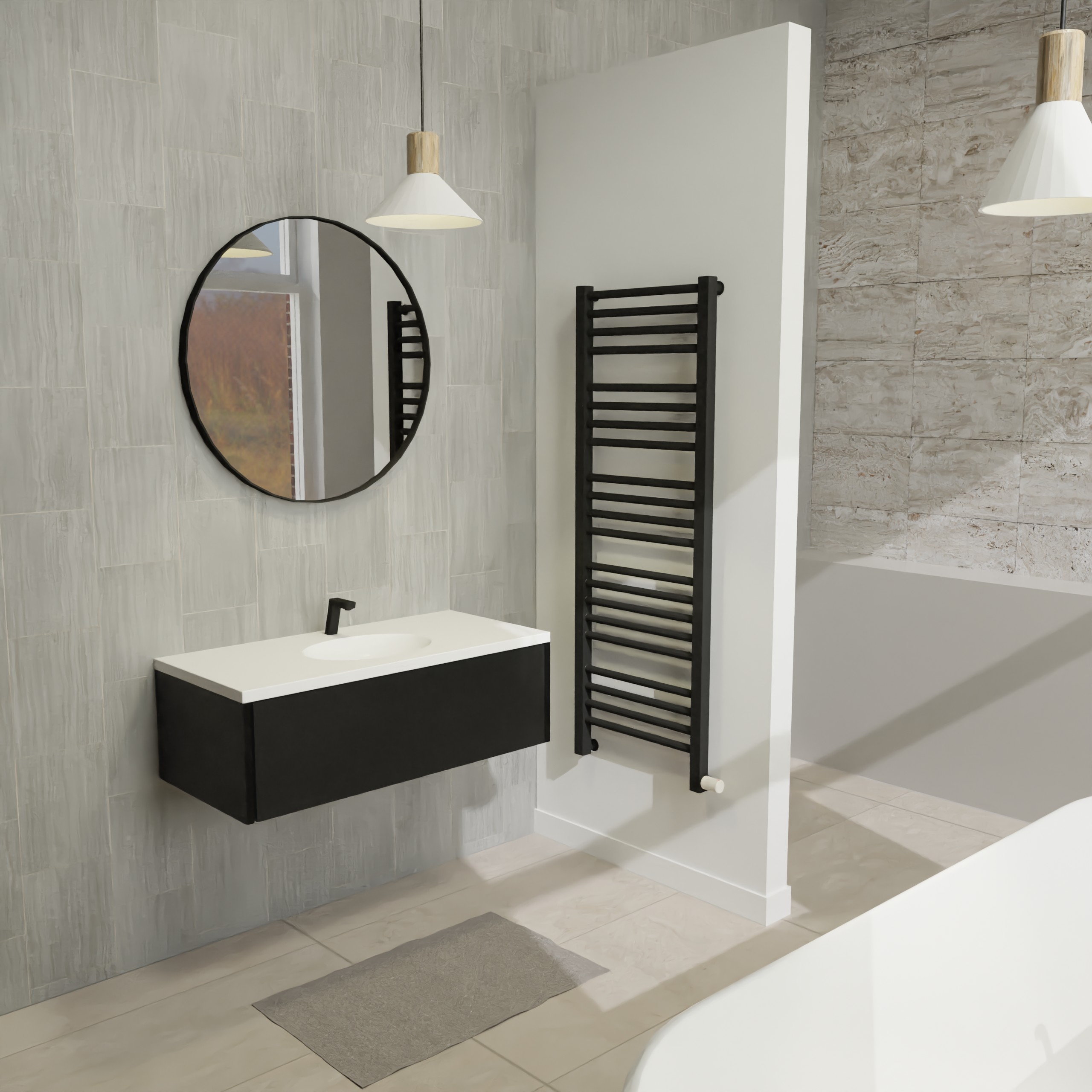 Maatwerk design badmeubel, gemaakt van Zwart melamine of gespoten mdf met een blad van solid surface en 1 waskom van Solid Surface. Het front te openen d.m.v. Push to Open