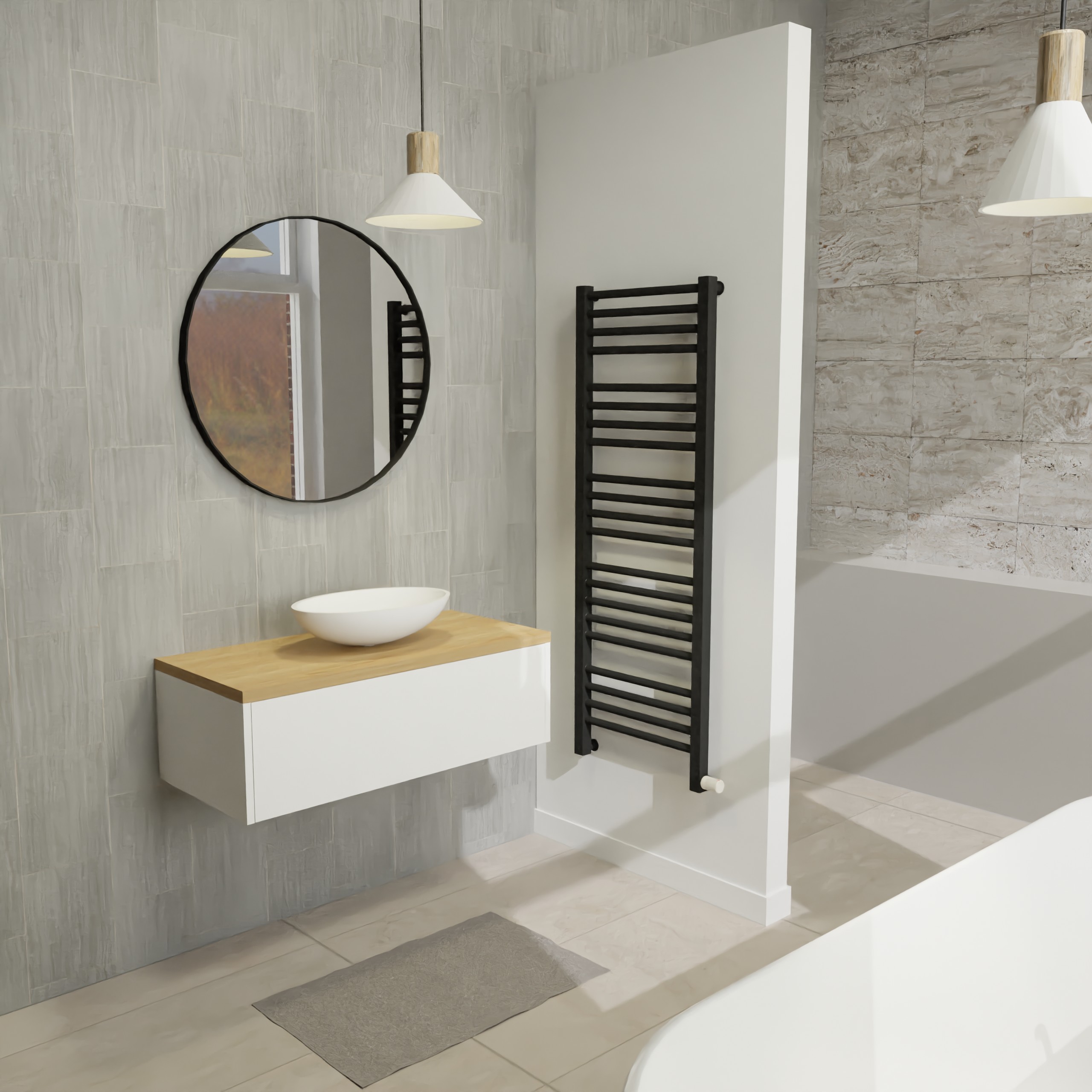 Maatwerk design badmeubel, gemaakt van Wit melamine of gespoten mdf met een blad van eiken en 1 waskom van Solid Surface. Het front te openen d.m.v. Push to Open