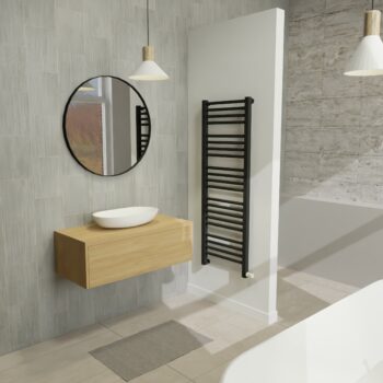 Maatwerk design wastafelkast, gemaakt van eiken hout fineer of eiken hout massief met een blad van eiken en 1 waskom van Solid Surface. Het front te openen d.m.v. Push to Open