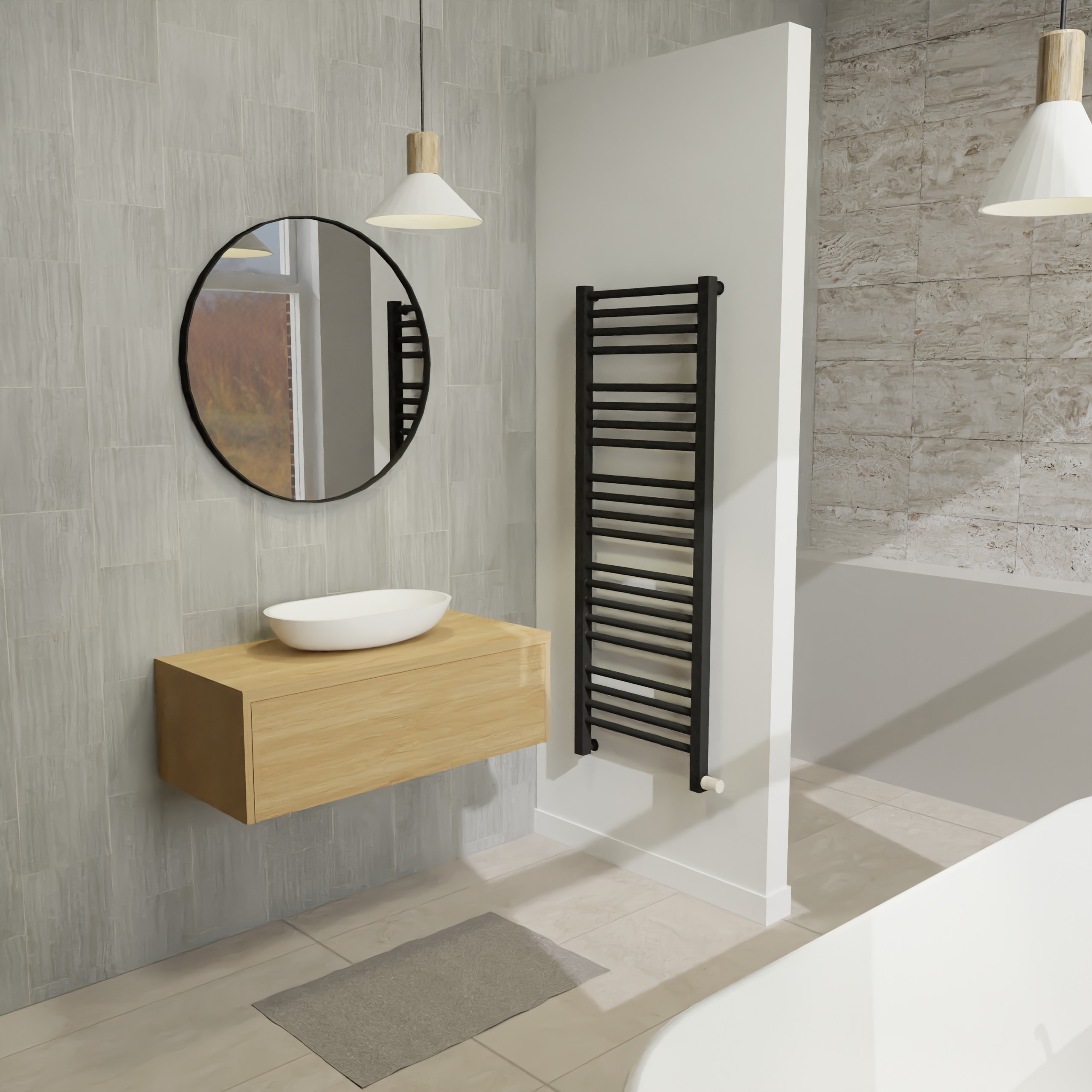 Maatwerk design wastafelkast, gemaakt van eiken hout fineer of eiken hout massief met een blad van eiken en 1 waskom van Solid Surface. Het front te openen d.m.v. Push to Open