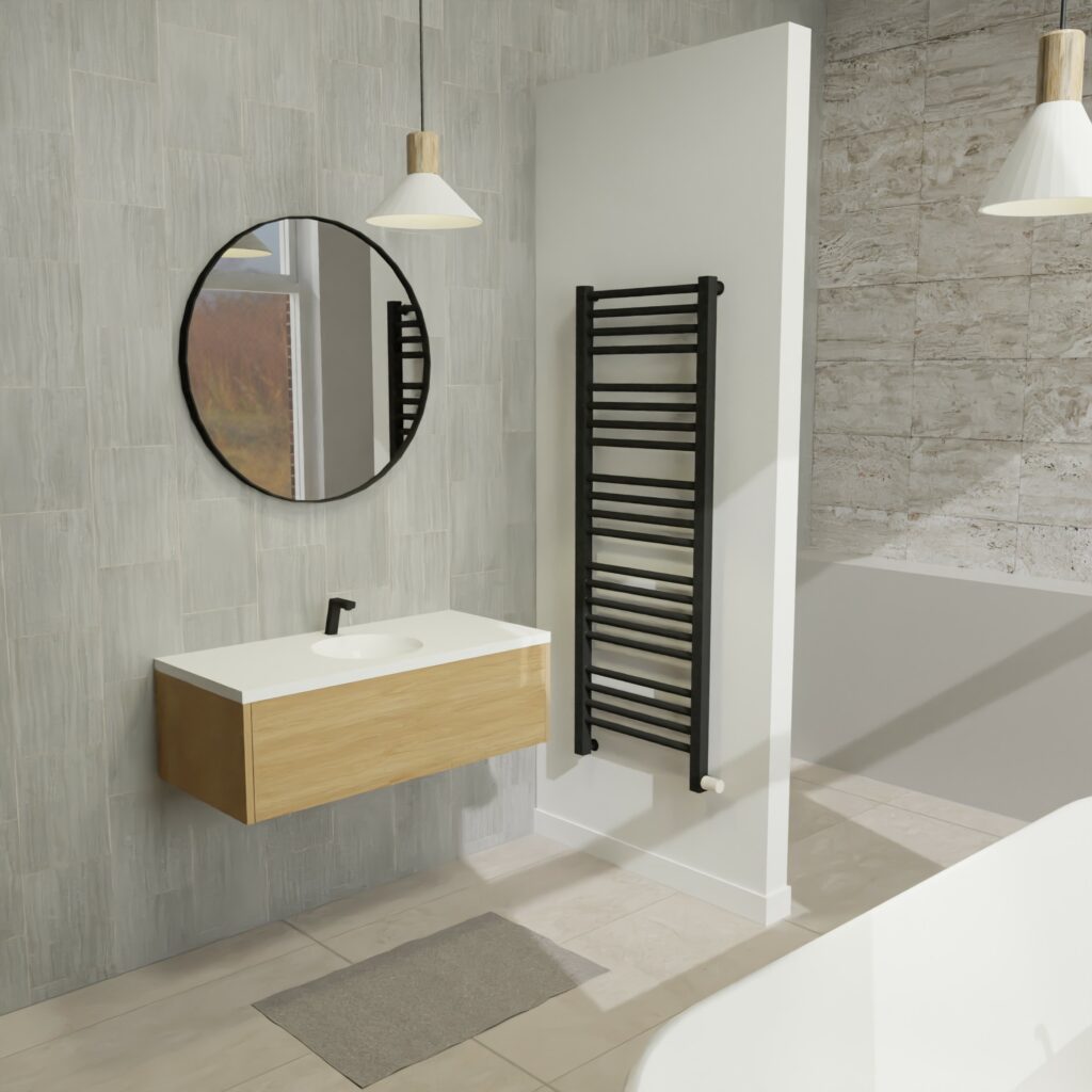 Maatwerk design wastafelkast, gemaakt van eiken hout fineer of eiken hout massief met een blad van solid surface en 1 waskom van Solid Surface. Het front te openen d.m.v. Push to Open