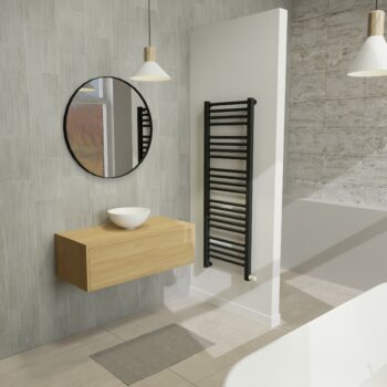 Maatwerk design wastafelkast, gemaakt van eiken hout fineer of eiken hout massief met een blad van eiken en 1 waskom van Solid Surface. Het front te openen d.m.v. Push to Open