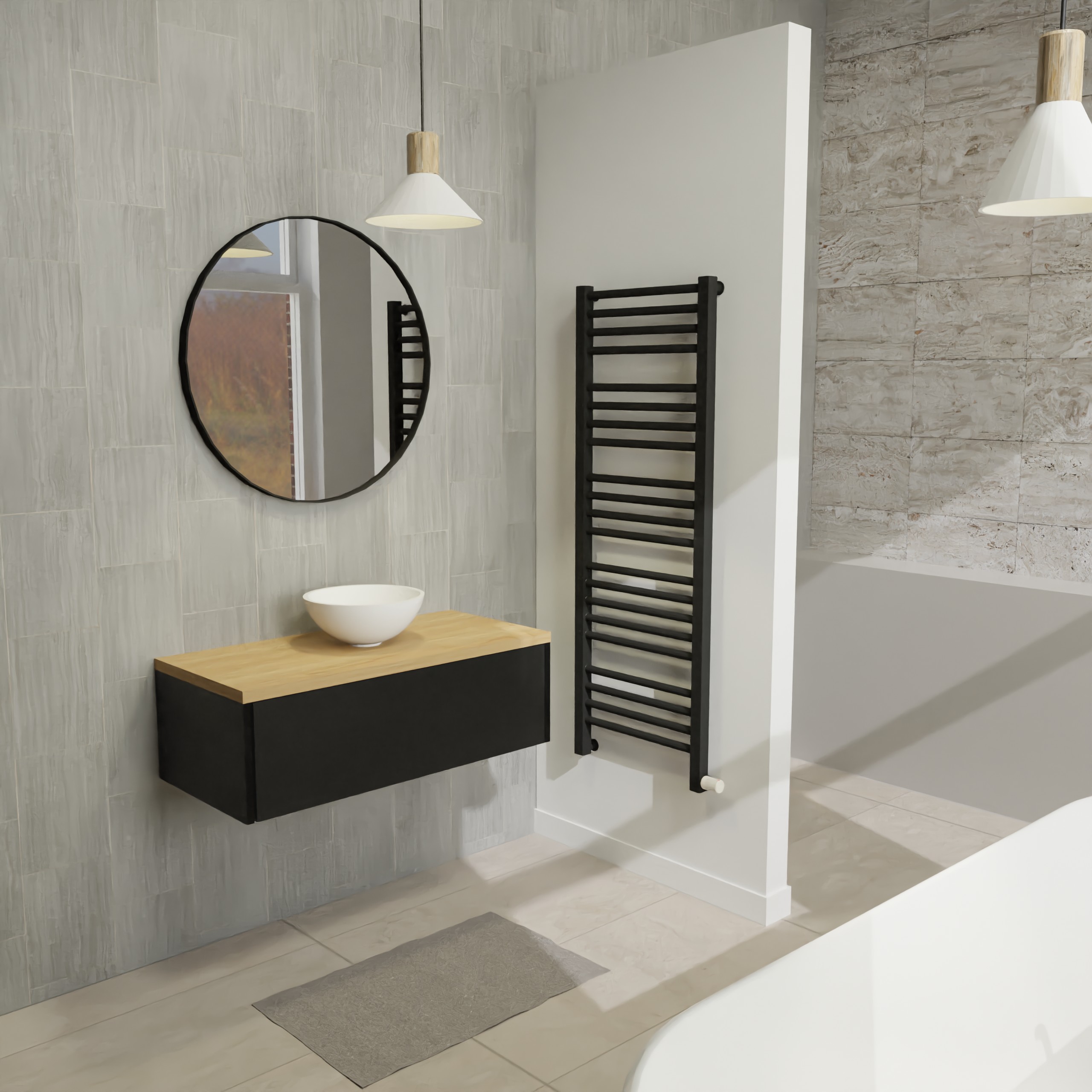 Maatwerk design badmeubel, gemaakt van Zwart melamine of gespoten mdf met een blad van eiken en 1 waskom van Solid Surface. Het front te openen d.m.v. Push to Open