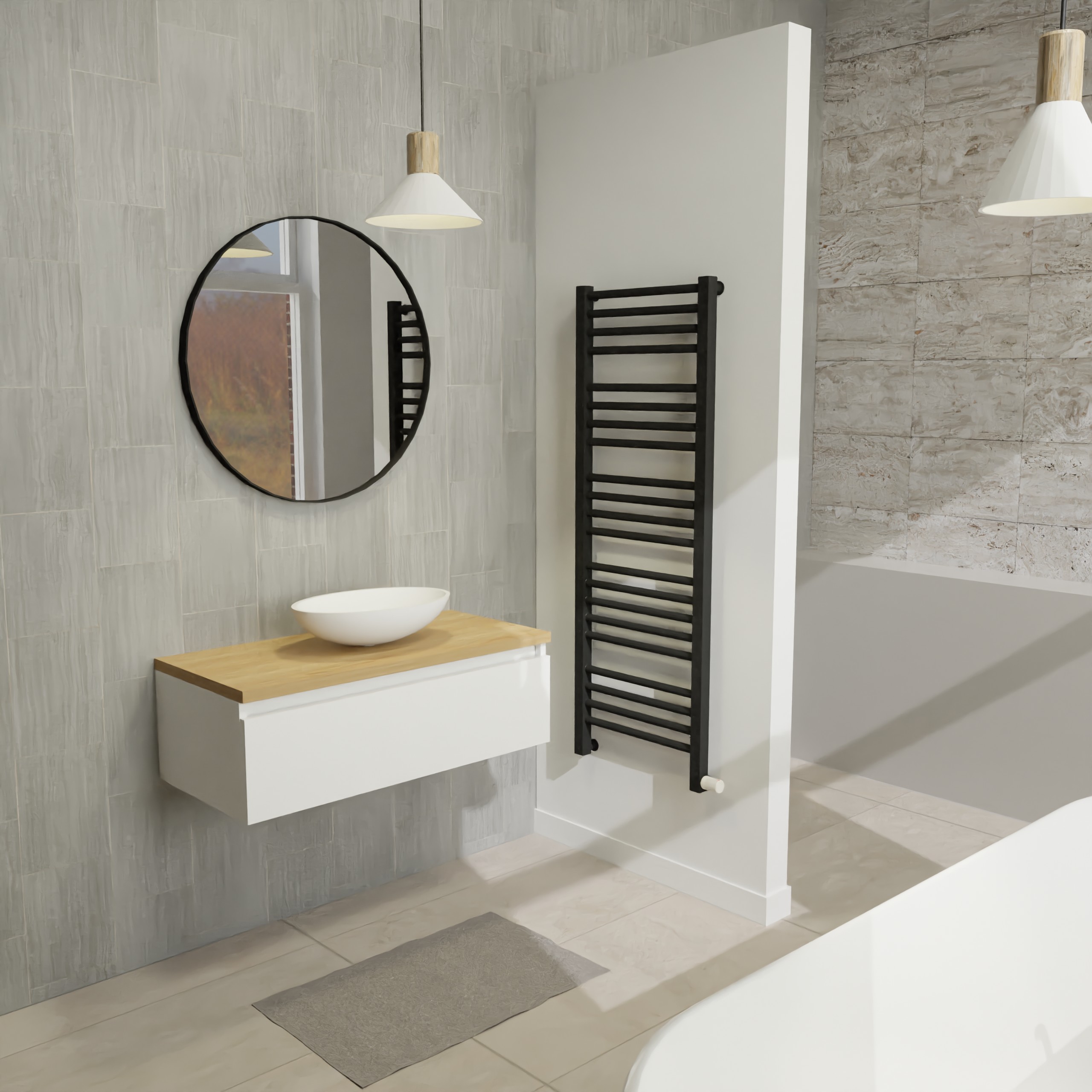 Maatwerk design badmeubel, gemaakt van Wit melamine of gespoten mdf met een blad van eiken en 1 waskom van Solid Surface. Het front te openen d.m.v. Greeplijst boven