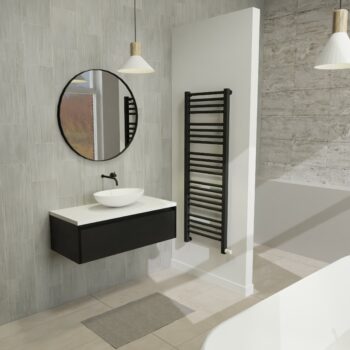 Maatwerk design wastafelmeubel, gemaakt van Zwart melamine of gespoten mdf met een blad van solid surface en 1 waskom van Solid Surface. Het front te openen d.m.v. Greeplijst boven