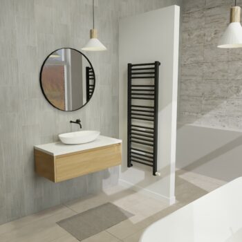 Maatwerk design badkamermeubel, gemaakt van eiken hout fineer of eiken hout massief met een blad van solid surface en 1 waskom van Solid Surface. Het front te openen d.m.v. Greeplijst boven