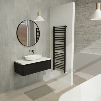 Maatwerk design wastafel onderkast, gemaakt van Zwart melamine of gespoten mdf met een blad van solid surface en 1 waskom van Solid Surface. Het front te openen d.m.v. Greeplijst boven