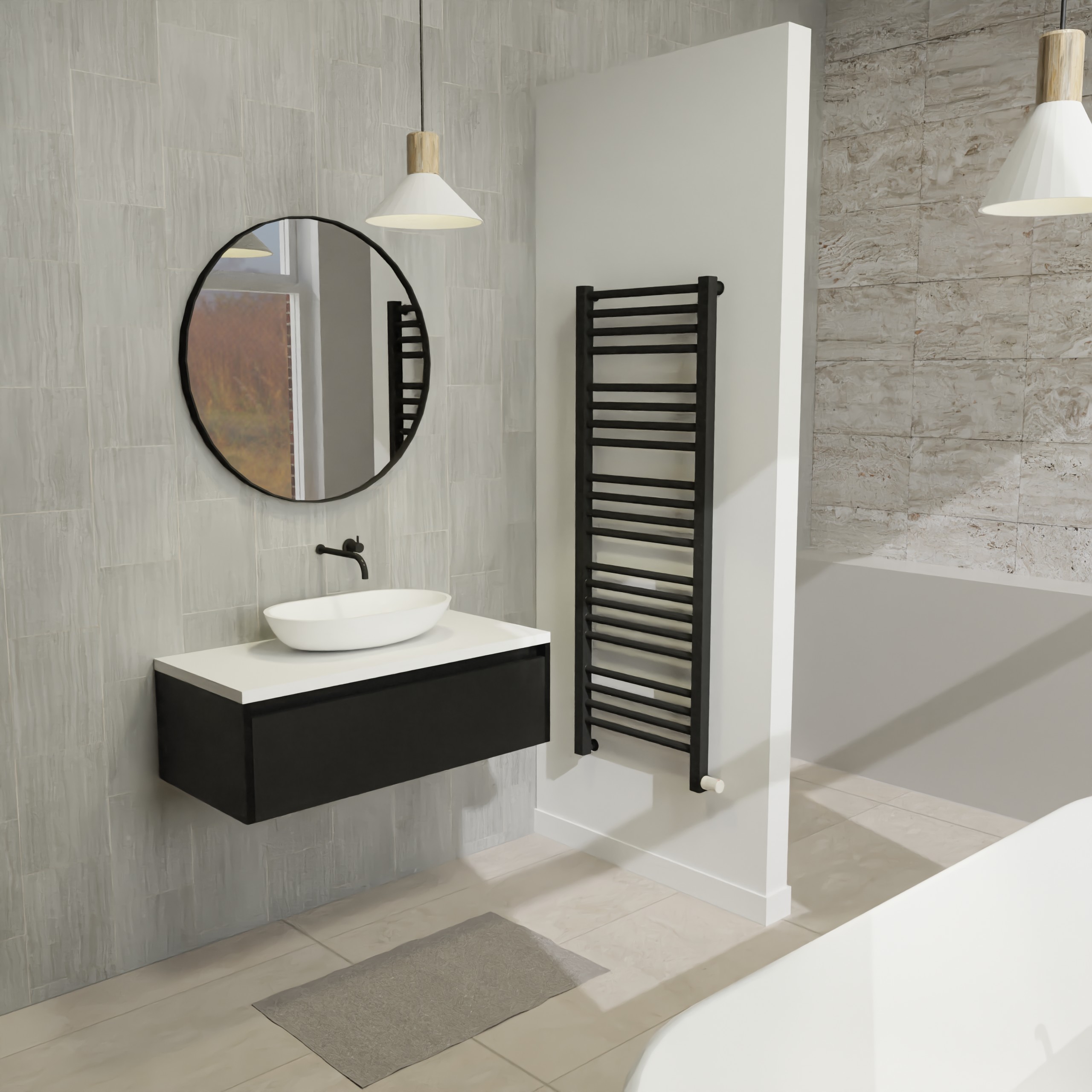 Maatwerk design wastafel onderkast, gemaakt van Zwart melamine of gespoten mdf met een blad van solid surface en 1 waskom van Solid Surface. Het front te openen d.m.v. Greeplijst boven