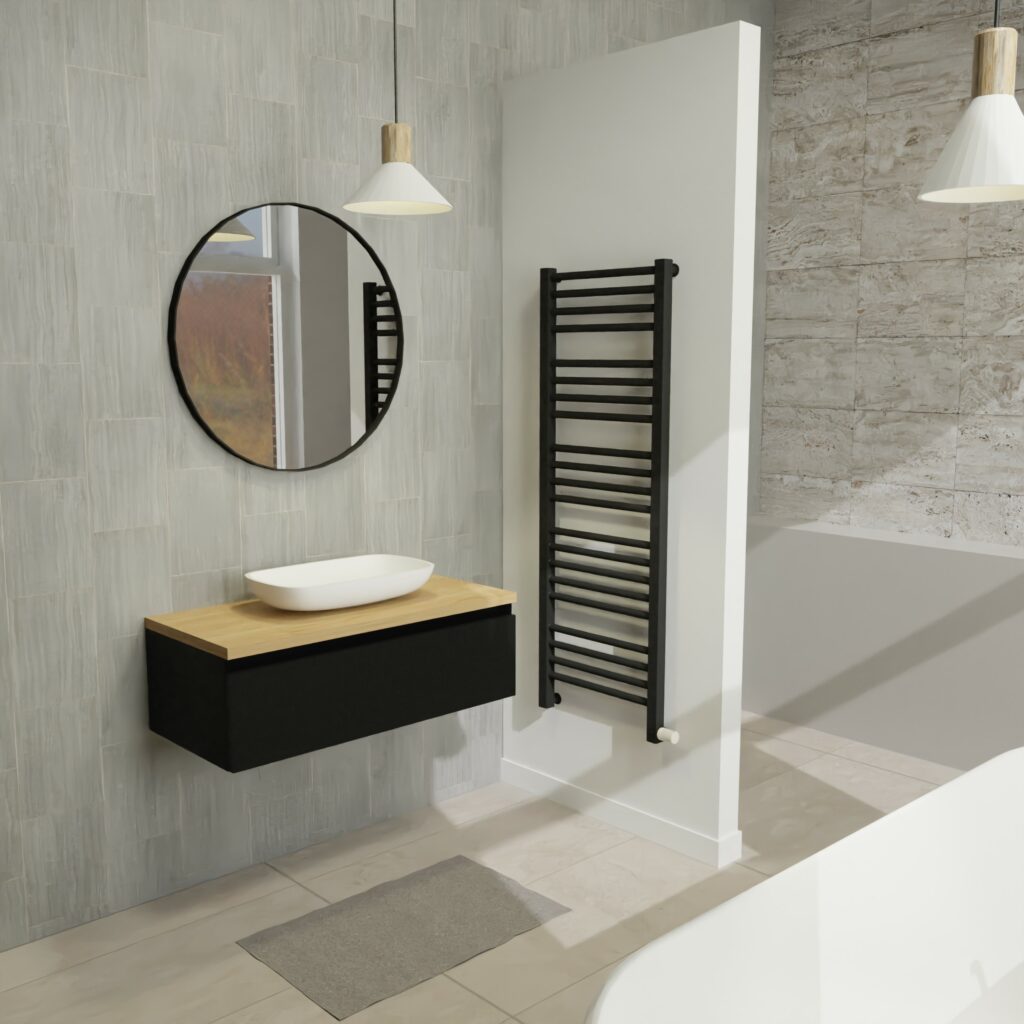 Maatwerk design wastafelmeubel, gemaakt van Zwart melamine of gespoten mdf met een blad van eiken en 1 waskom van Solid Surface. Het front te openen d.m.v. Greeplijst boven
