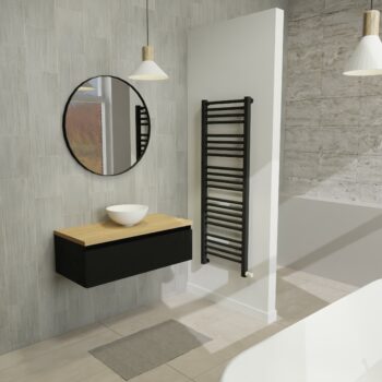 Maatwerk design badmeubel, gemaakt van Zwart melamine of gespoten mdf met een blad van eiken en 1 waskom van Solid Surface. Het front te openen d.m.v. Greeplijst boven