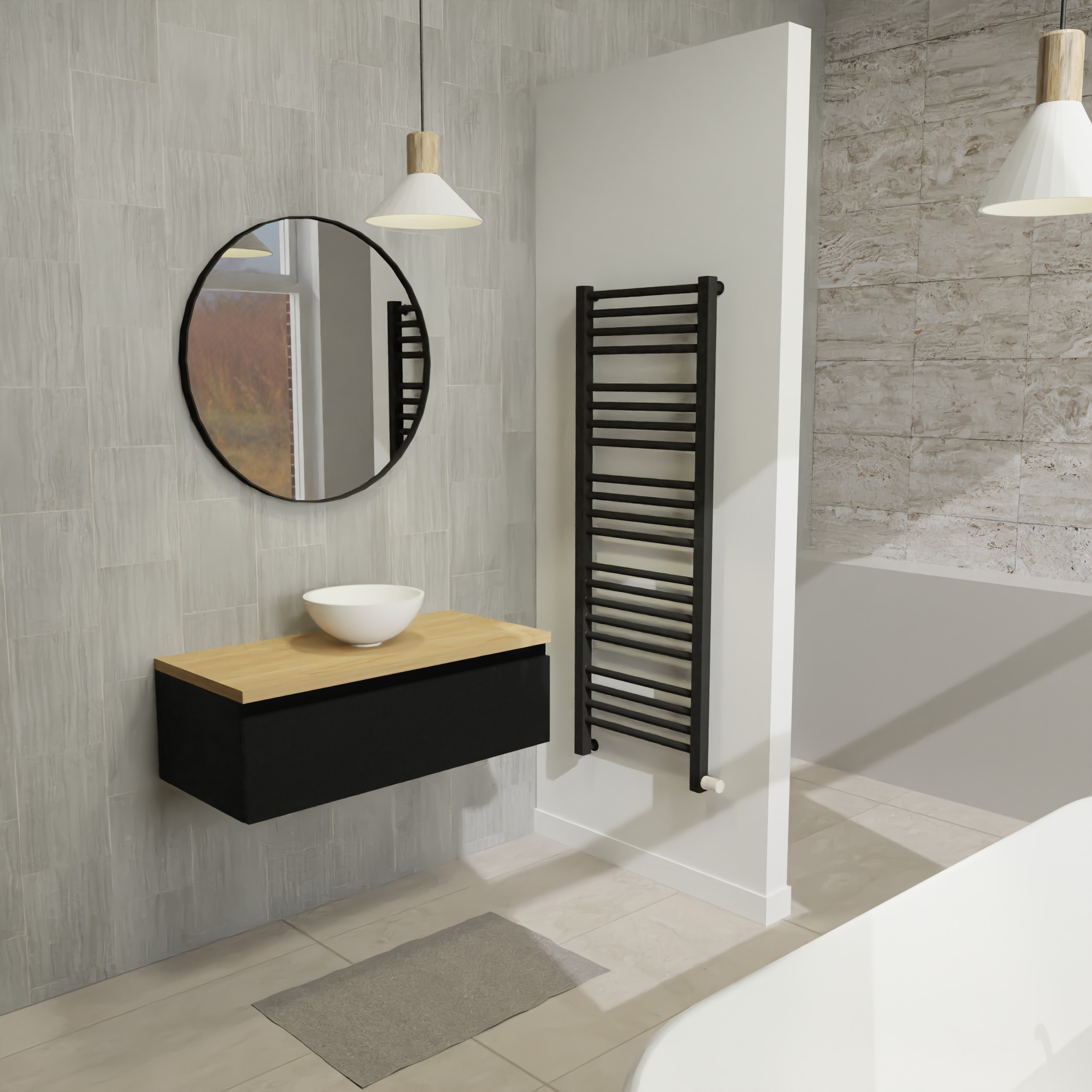 Maatwerk design badmeubel, gemaakt van Zwart melamine of gespoten mdf met een blad van eiken en 1 waskom van Solid Surface. Het front te openen d.m.v. Greeplijst boven