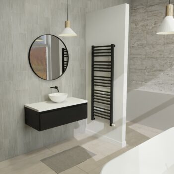 Maatwerk design badkamermeubel, gemaakt van Zwart melamine of gespoten mdf met een blad van solid surface en 1 waskom van Solid Surface. Het front te openen d.m.v. Greeplijst boven