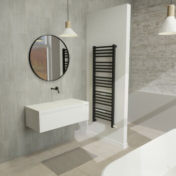 Maatwerk design wastafel onderkast, gemaakt van Wit melamine of gespoten mdf met een blad van solid surface. Het front te openen d.m.v. Greeplijst boven