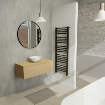 Maatwerk design wastafelkast, gemaakt van eiken hout fineer of eiken hout massief met een blad van eiken en 1 waskom van Solid Surface. Het front te openen d.m.v. Push to Open