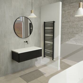 Maatwerk design wastafel onderkast, gemaakt van Zwart melamine of gespoten mdf met een blad van solid surface. Het front te openen d.m.v. Push to Open