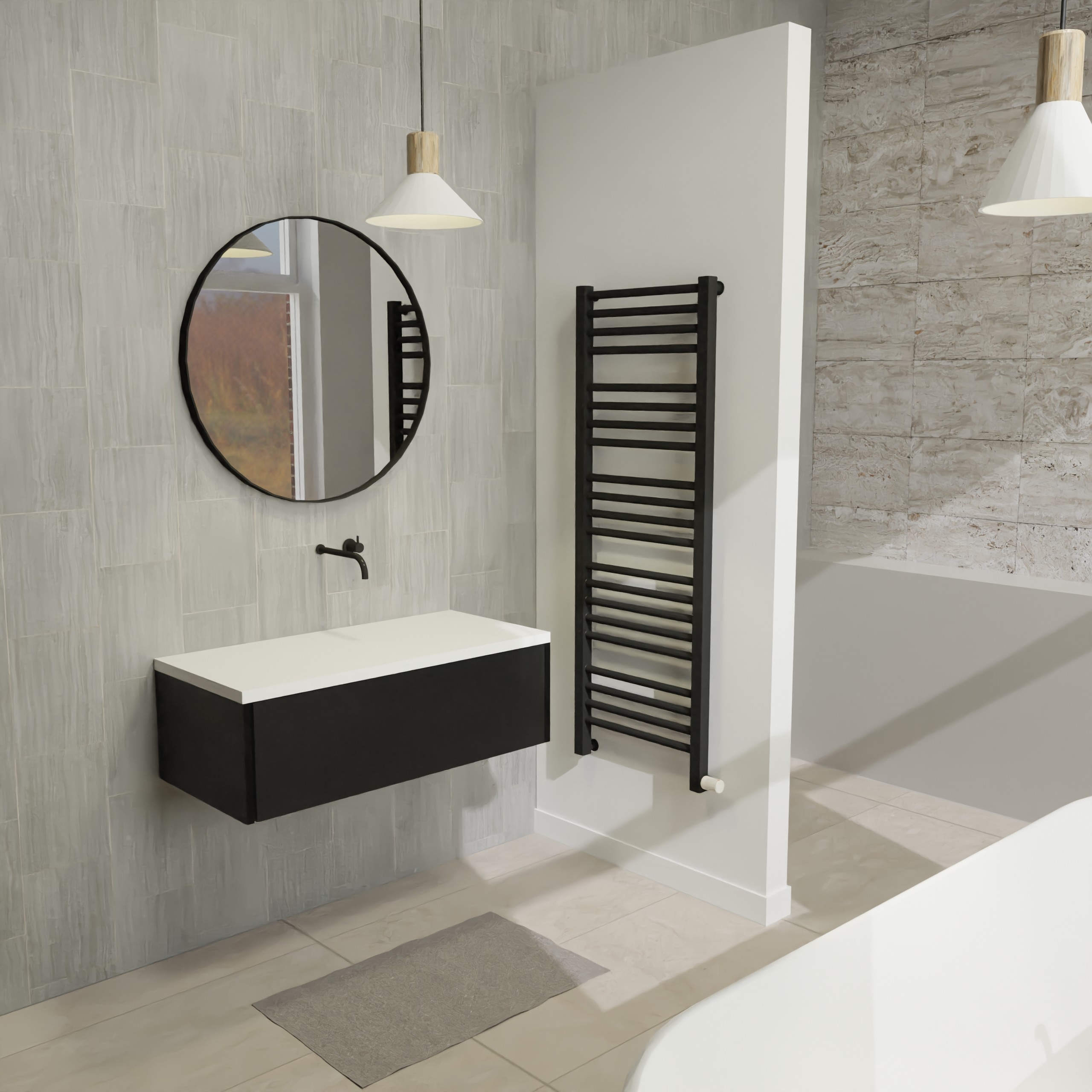 Maatwerk design wastafel onderkast, gemaakt van Zwart melamine of gespoten mdf met een blad van solid surface. Het front te openen d.m.v. Push to Open
