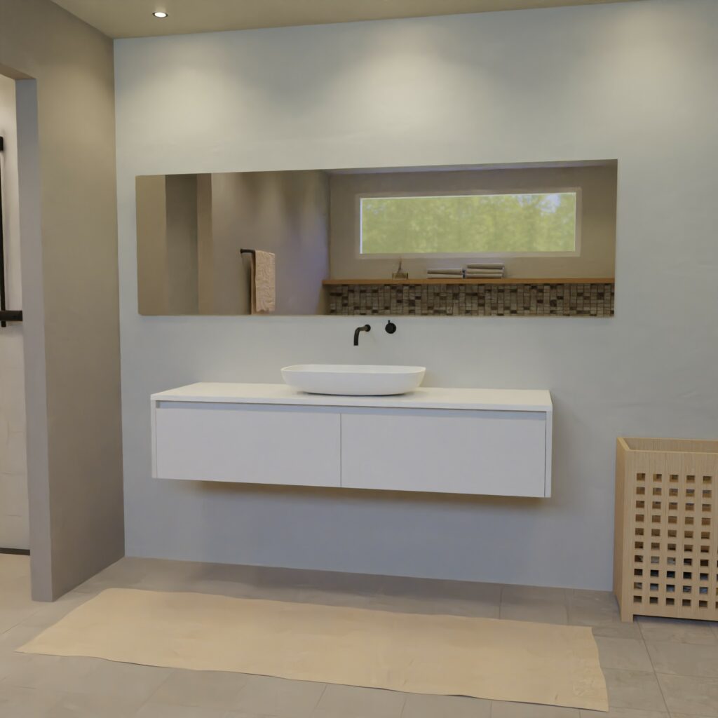 Maatwerk design wastafelmeubel, gemaakt van Wit melamine of gespoten mdf met een blad van solid surface en 1 waskom van Solid Surface. Het front te openen d.m.v. Greeplijst boven