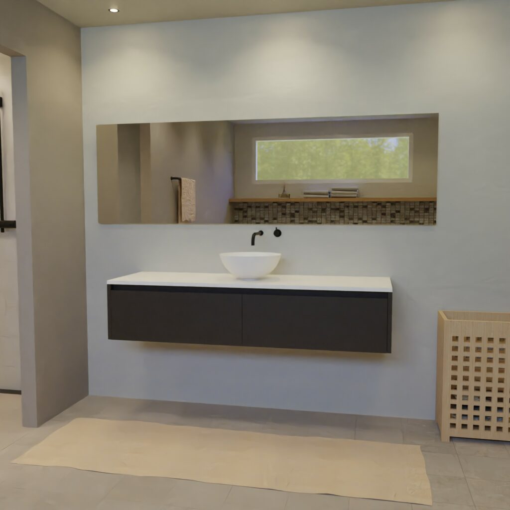 Maatwerk design wastafelmeubel, gemaakt van Zwart melamine of gespoten mdf met een blad van solid surface en 1 waskom van Solid Surface. Het front te openen d.m.v. Greeplijst boven