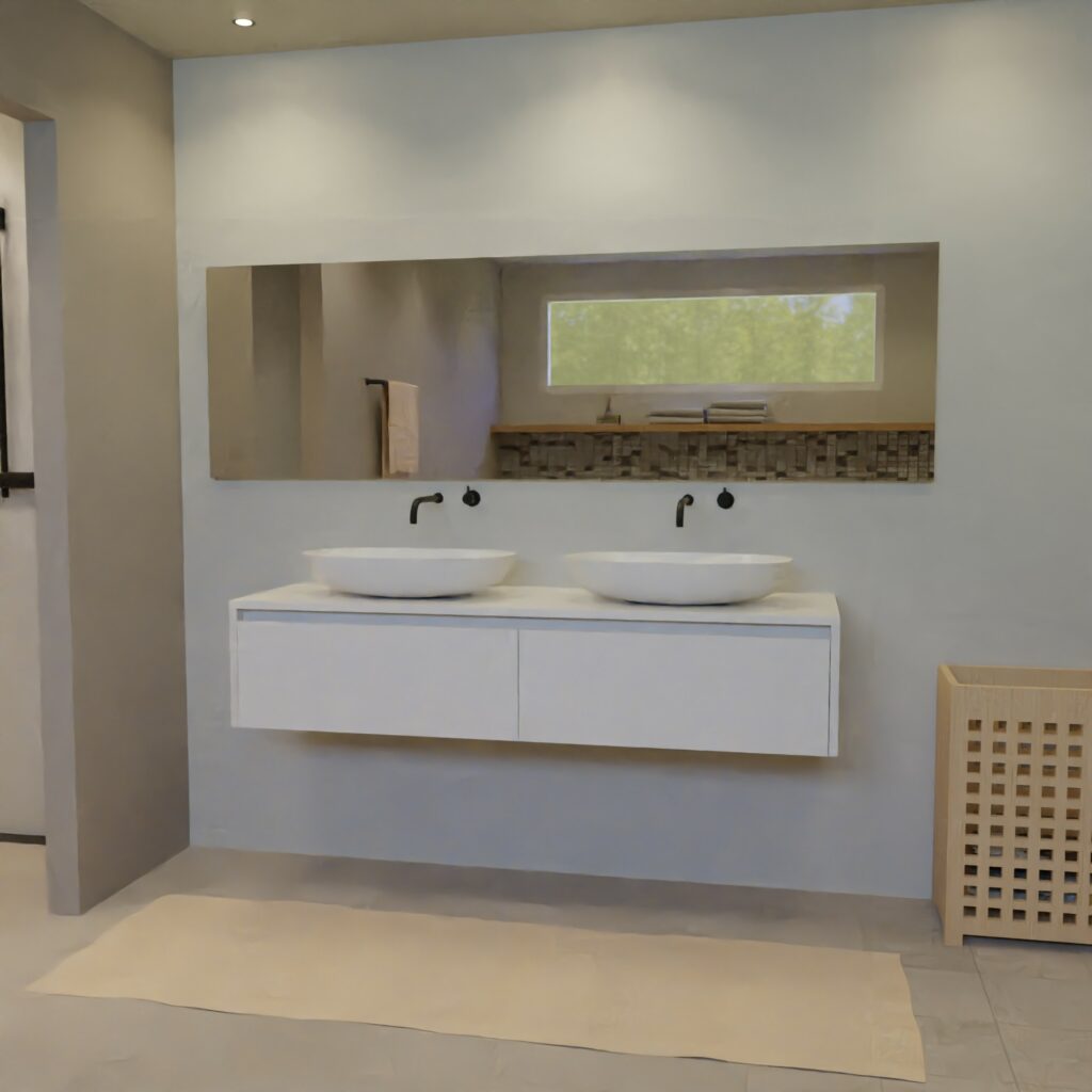 Maatwerk design wastafelmeubel, gemaakt van Wit melamine of gespoten mdf met een blad van solid surface en 2 waskommen van Solid Surface. Het front te openen d.m.v. Greeplijst boven