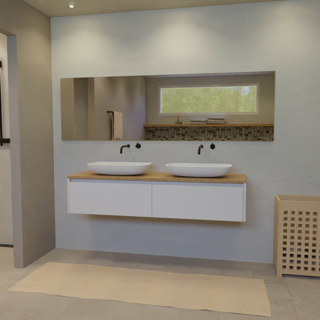 Maatwerk design wastafelmeubel, gemaakt van Wit melamine of gespoten mdf met een blad van eiken en 2 waskommen van Solid Surface. Het front te openen d.m.v. Greeplijst boven
