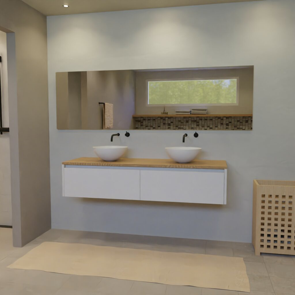 Maatwerk design wastafel onderkast, gemaakt van Wit melamine of gespoten mdf met een blad van eiken en 2 waskommen van Solid Surface. Het front te openen d.m.v. Greeplijst boven