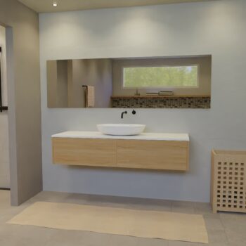 Maatwerk design badkamermeubel, gemaakt van eiken hout fineer of eiken hout massief met een blad van solid surface en 1 waskom van Solid Surface. Het front te openen d.m.v. Push to Open