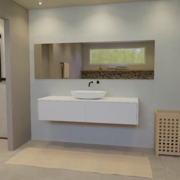Maatwerk design wastafelmeubel, gemaakt van Wit melamine of gespoten mdf met een blad van solid surface en 1 waskom van Solid Surface. Het front te openen d.m.v. Push to Open