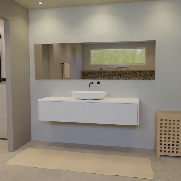 Maatwerk design wastafelmeubel, gemaakt van Wit melamine of gespoten mdf met een blad van solid surface en 1 waskom van Solid Surface. Het front te openen d.m.v. Push to Open