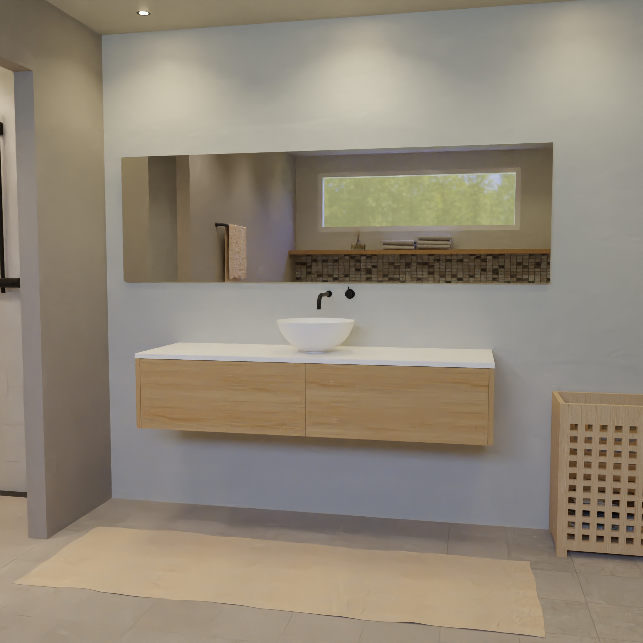 Maatwerk design badkamermeubel, gemaakt van eiken hout fineer of eiken hout massief met een blad van solid surface en 1 waskom van Solid Surface. Het front te openen d.m.v. Push to Open