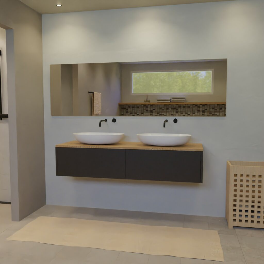 Maatwerk design badmeubel, gemaakt van Zwart melamine of gespoten mdf met een blad van eiken en 2 waskommen van Solid Surface. Het front te openen d.m.v. Push to Open