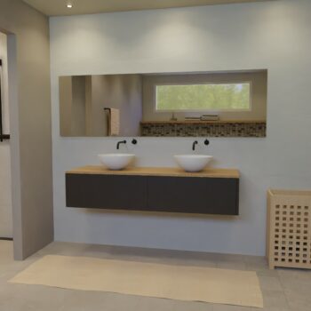 Maatwerk design badkamermeubel, gemaakt van Zwart melamine of gespoten mdf met een blad van eiken en 2 waskommen van Solid Surface. Het front te openen d.m.v. Push to Open