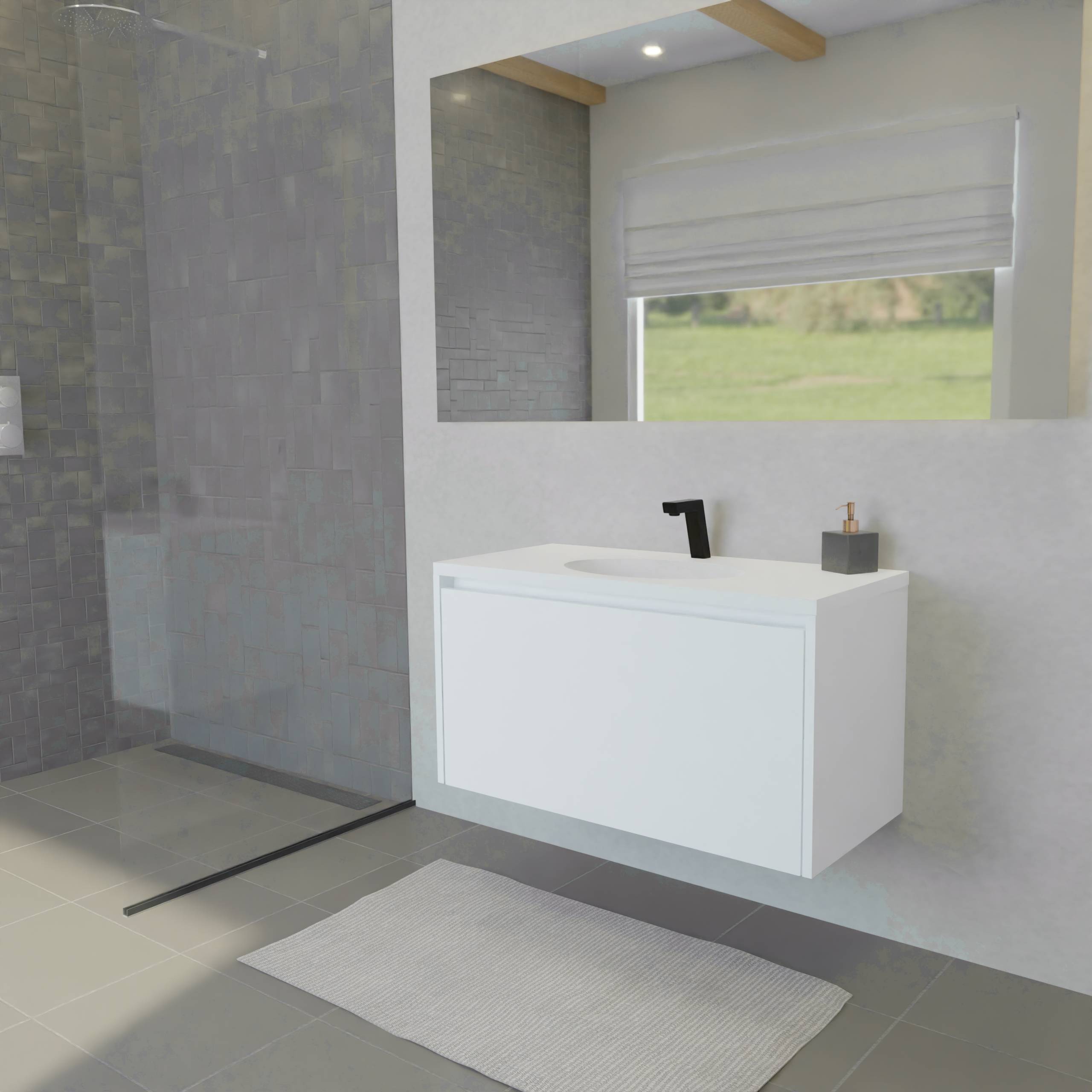 Maatwerk design badmeubel, gemaakt van Wit melamine of gespoten mdf met een blad van solid surface en 1 waskom van Solid Surface. Het front te openen d.m.v. Greeplijst boven