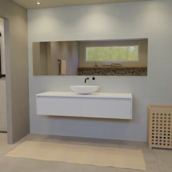 Maatwerk design wastafelkast, gemaakt van Wit melamine of gespoten mdf met een blad van solid surface en 1 waskom van Solid Surface. Het front te openen d.m.v. Greeplijst boven