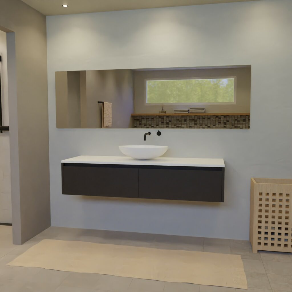 Maatwerk design wastafelmeubel, gemaakt van Zwart melamine of gespoten mdf met een blad van solid surface en 1 waskom van Solid Surface. Het front te openen d.m.v. Greeplijst boven