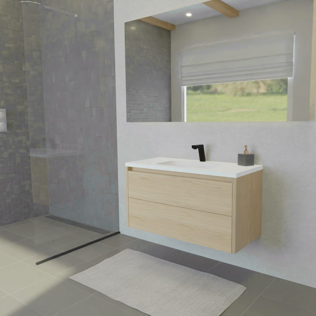 Maatwerk design badkamermeubel, gemaakt van eiken hout fineer of eiken hout massief met een blad van solid surface en 1 waskom van Solid Surface. Het front te openen d.m.v. Greeplijst boven