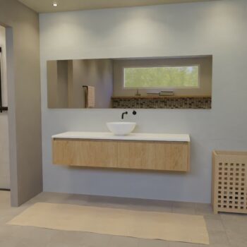 Maatwerk design wastafel onderkast, gemaakt van eiken hout fineer of eiken hout massief met een blad van solid surface en 1 waskom van Solid Surface. Het front te openen d.m.v. Greeplijst boven