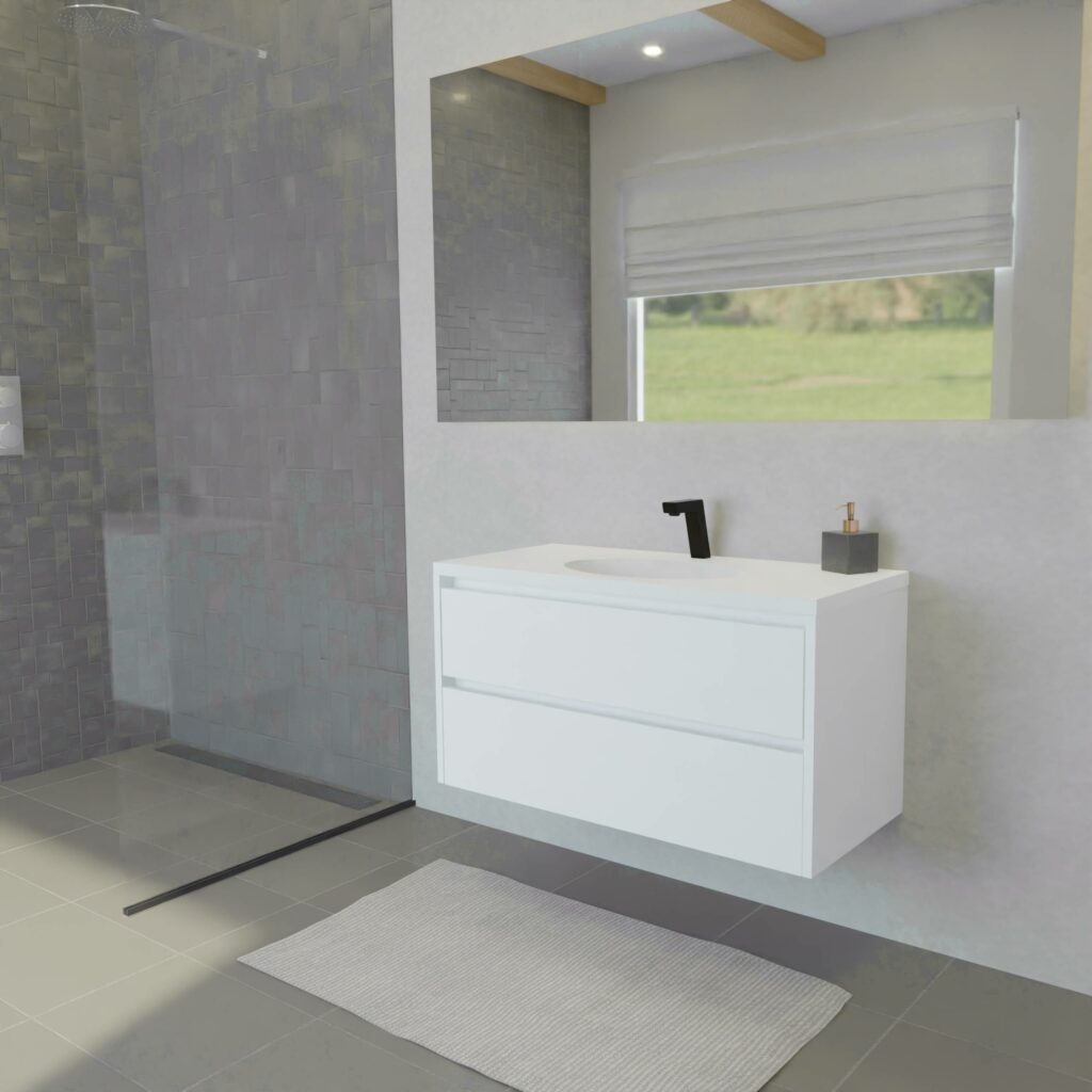 Maatwerk design wastafelmeubel, gemaakt van Wit melamine of gespoten mdf met een blad van solid surface en 1 waskom van Solid Surface. Het front te openen d.m.v. Greeplijst boven en midden