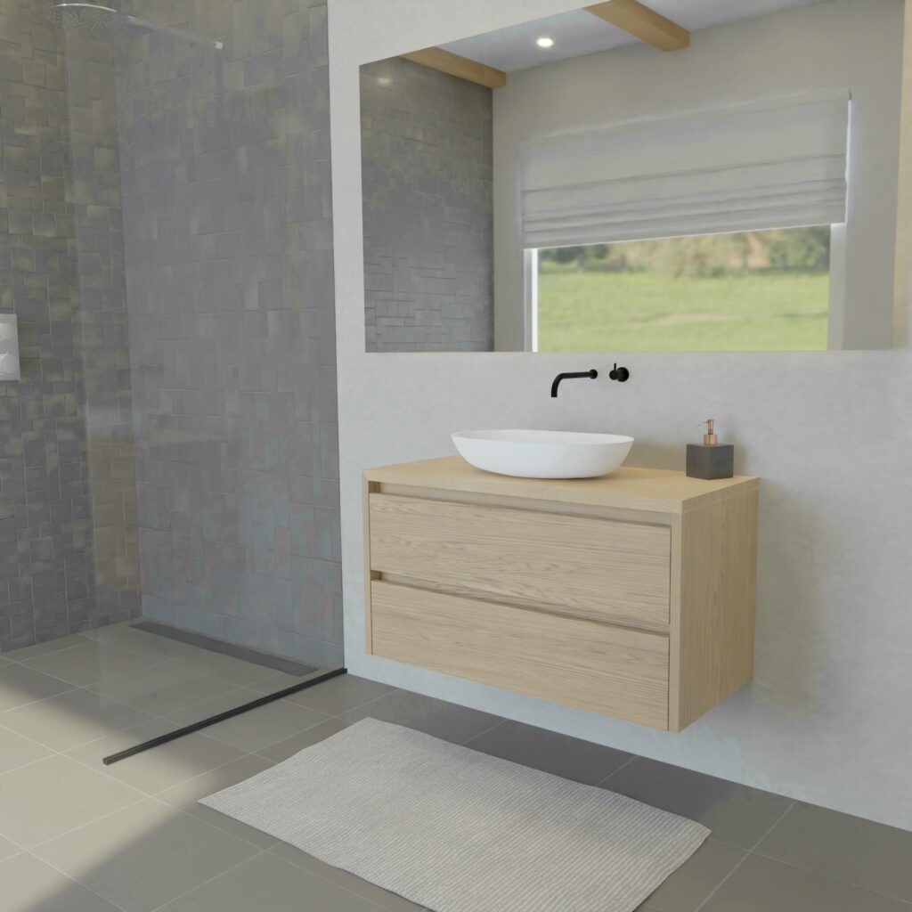 Maatwerk design wastafelkast, gemaakt van eiken hout fineer of eiken hout massief met een blad van eiken en 1 waskom van Solid Surface. Het front te openen d.m.v. Greeplijst boven en midden