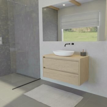 Maatwerk design wastafelkast, gemaakt van eiken hout fineer of eiken hout massief met een blad van eiken en 1 waskom van Solid Surface. Het front te openen d.m.v. Greeplijst boven en midden