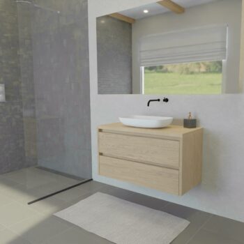 Maatwerk design wastafelmeubel, gemaakt van eiken hout fineer of eiken hout massief met een blad van eiken en 1 waskom van Solid Surface. Het front te openen d.m.v. Greeplijst boven en midden