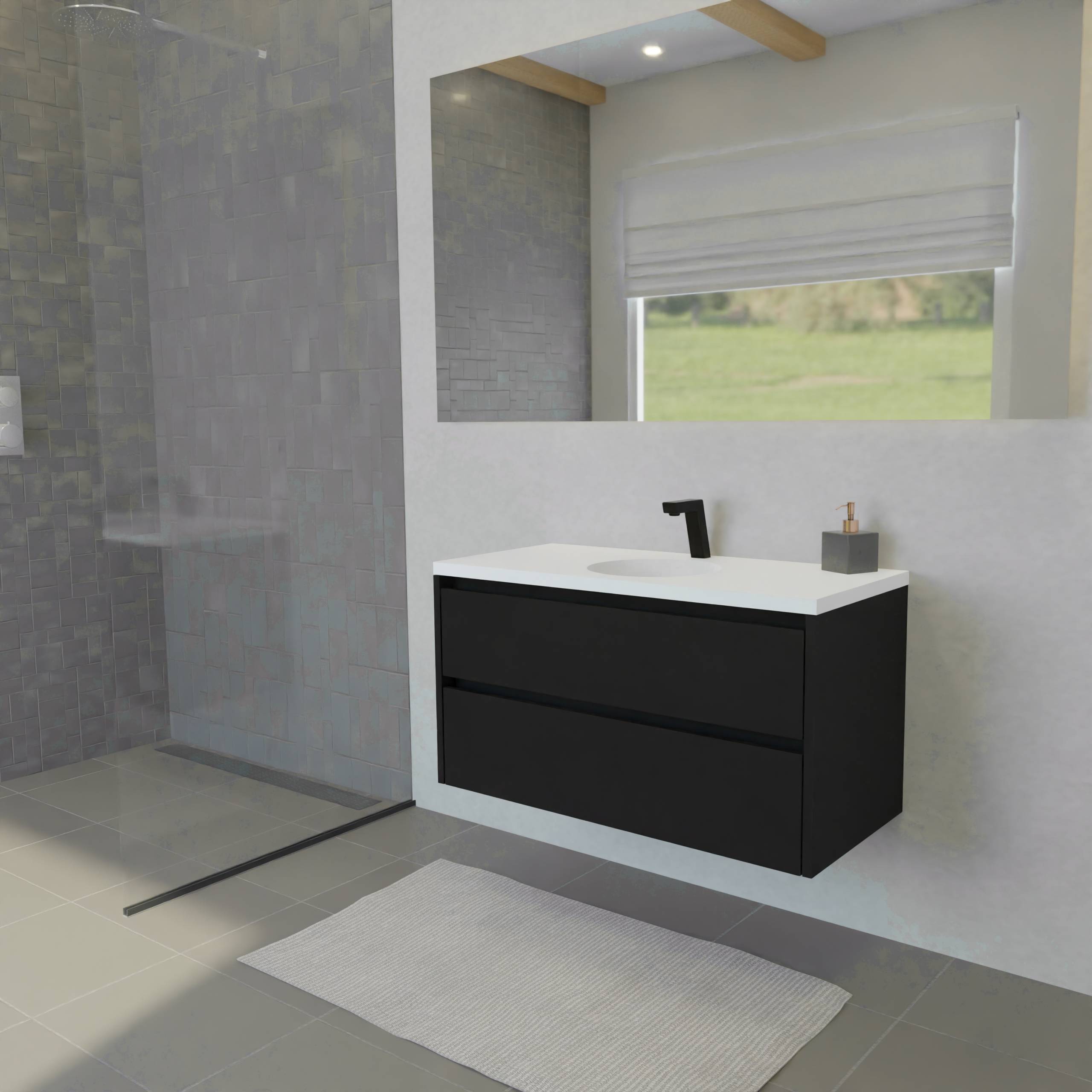 Maatwerk design wastafelkast, gemaakt van Zwart melamine of gespoten mdf met een blad van solid surface en 1 waskom van Solid Surface. Het front te openen d.m.v. Greeplijst boven en midden