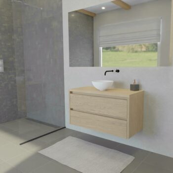 Maatwerk design wastafel onderkast, gemaakt van eiken hout fineer of eiken hout massief met een blad van eiken en 1 waskom van Solid Surface. Het front te openen d.m.v. Greeplijst boven en midden